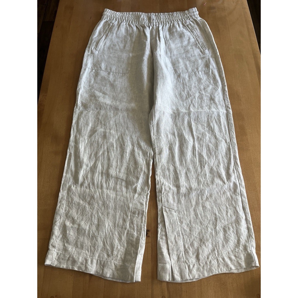 Athleta Women's Large 100% Linen Wide Leg Pants Natural Beige Elastic Waist